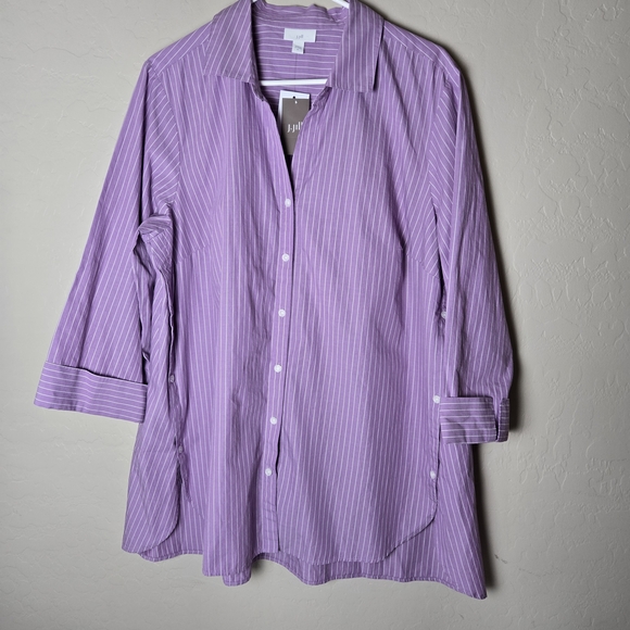 J. Jill Tops - J. Jill Purple and White Pinstriped Top With Side Buttons Preppy Casual